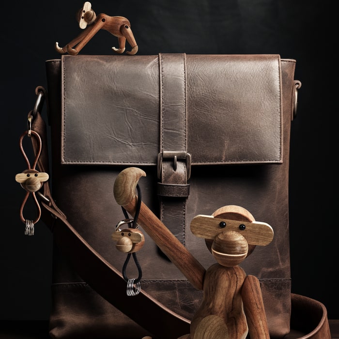 Kay Bojesen Monkey Bag Charm, Silver/Black Leather