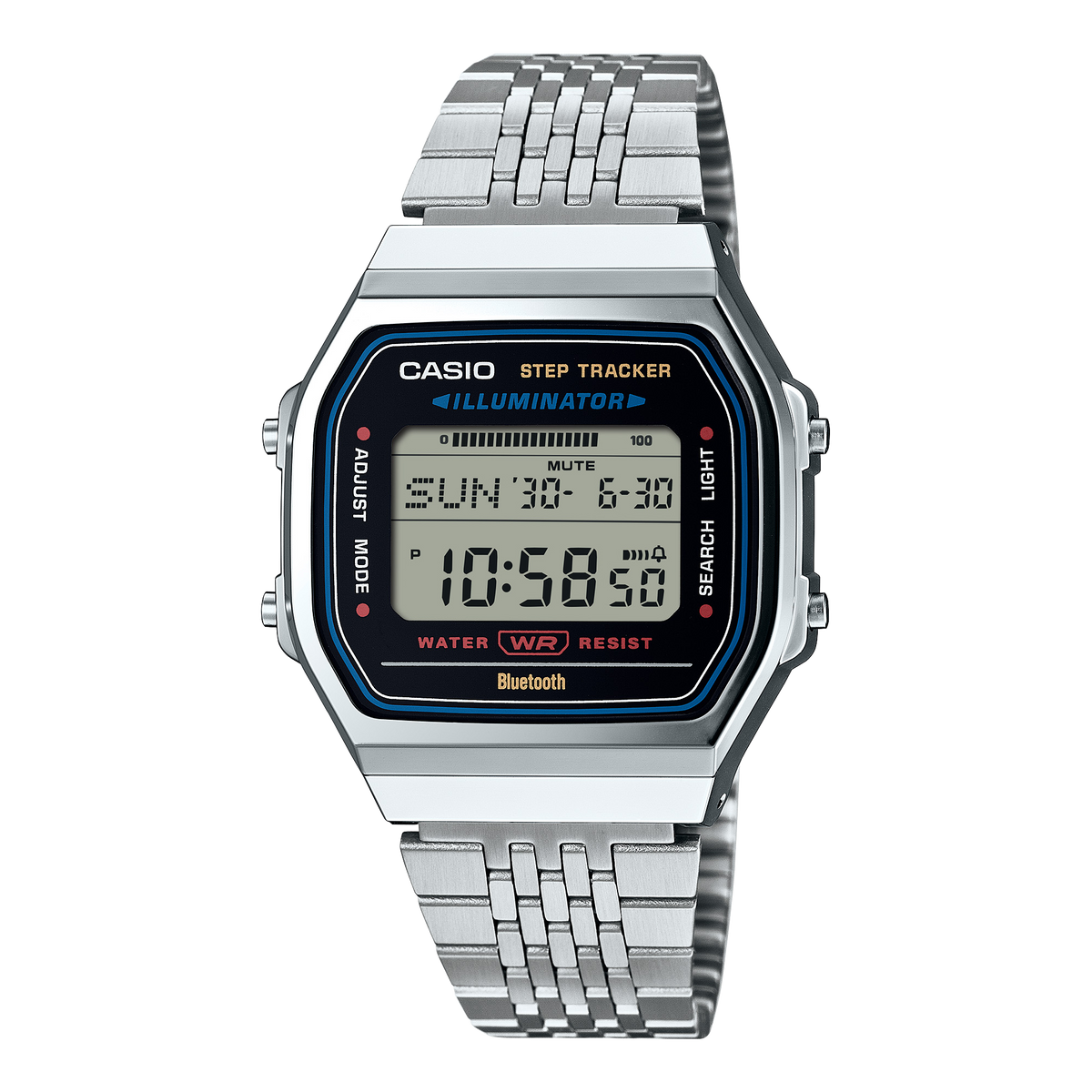 Casio ABL100WE-1AVT watch. Silver-tone case and bracelet, black face border with blue/red accents, positive digital display.