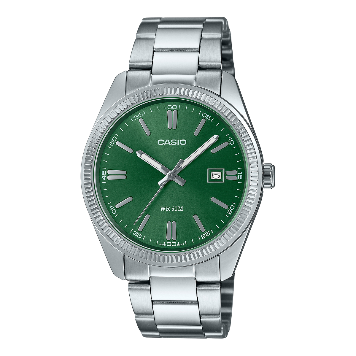 Casio MTP1302D-3AVT watch. Green round dial, silver-tone case and stainless steel bracelet; date window at 3 o’clock.