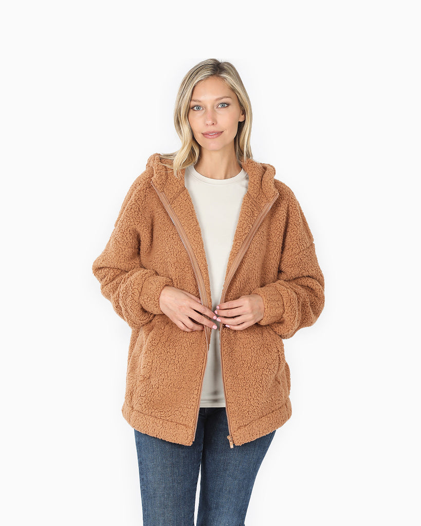 Soft Sherpa Hooded Zipper Front Jacket - Camel – BrandsWalk