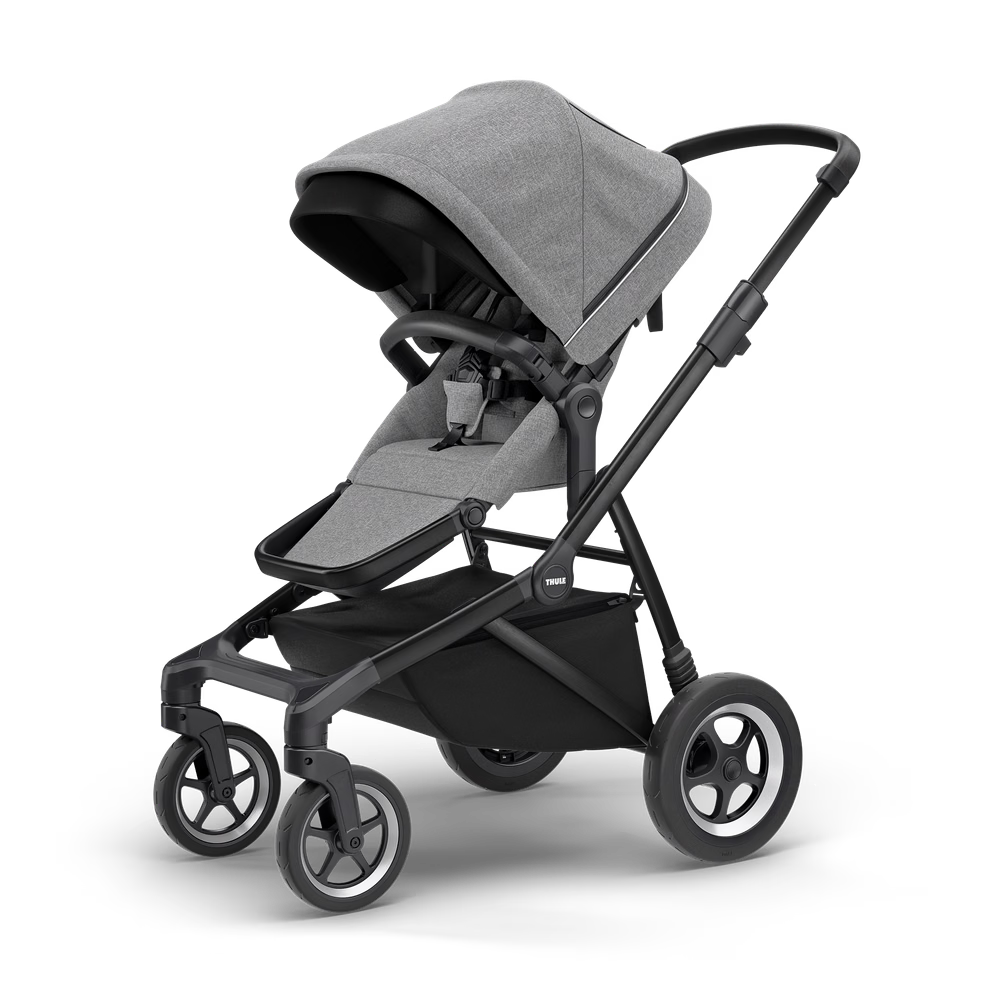 Original Thule Sleek stroller in gray melange with a black frame, front three-quarter view