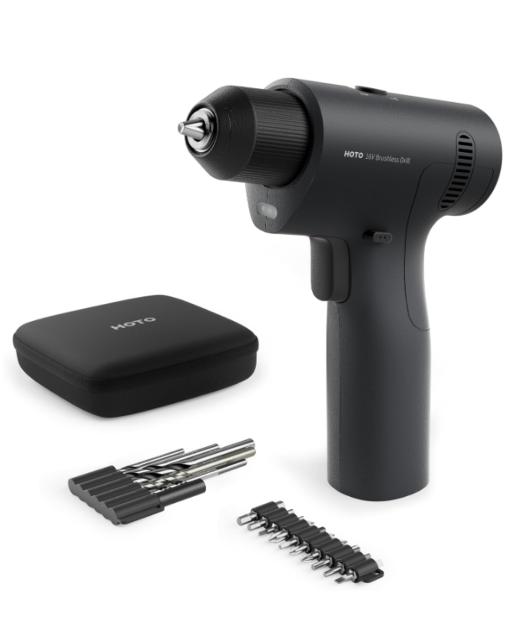 Black impact driver set with accessories on a white background. HOTO 16V Brushless Drill Set