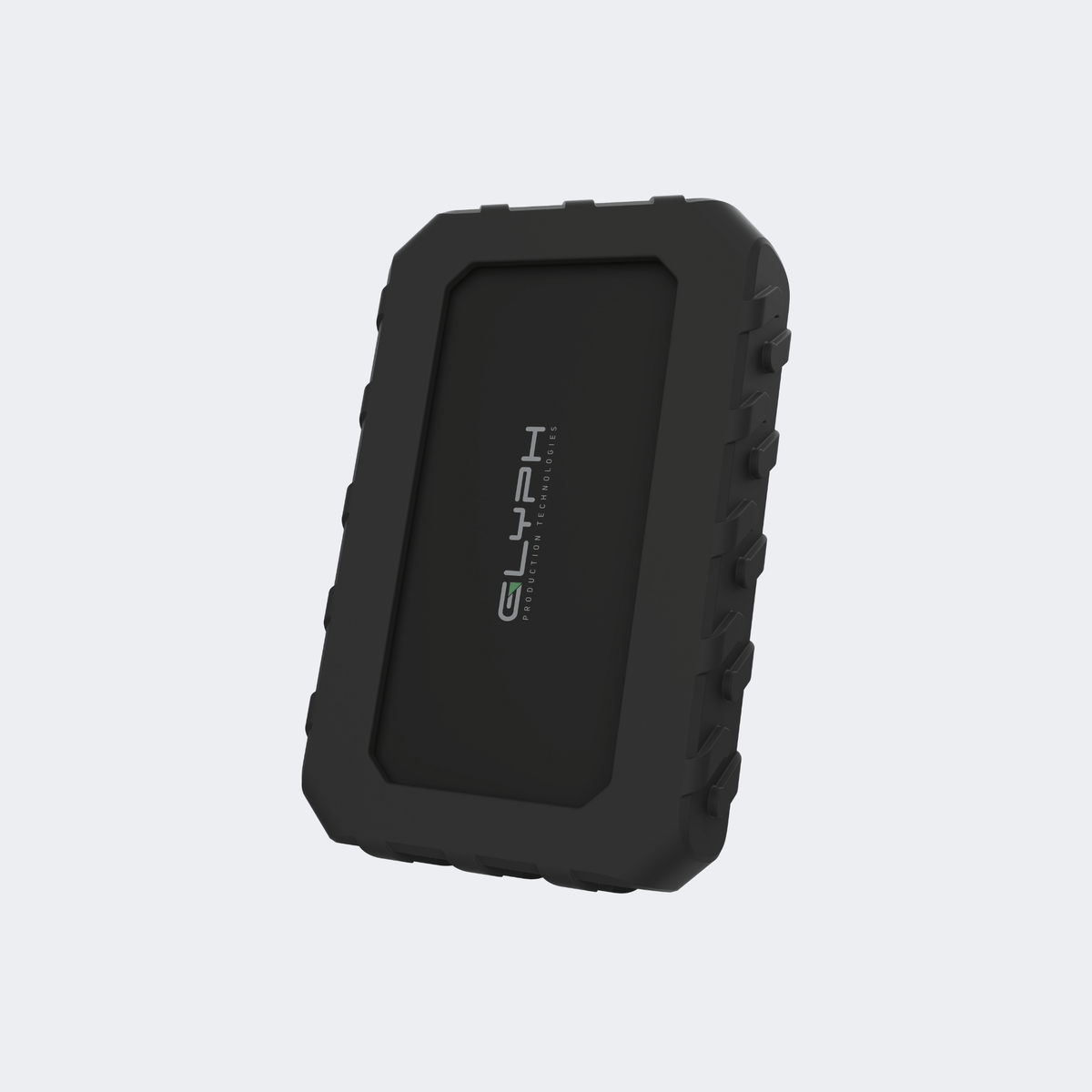 Glyph Atom EX40 portable SSD in its black protective cover, three-quarter view