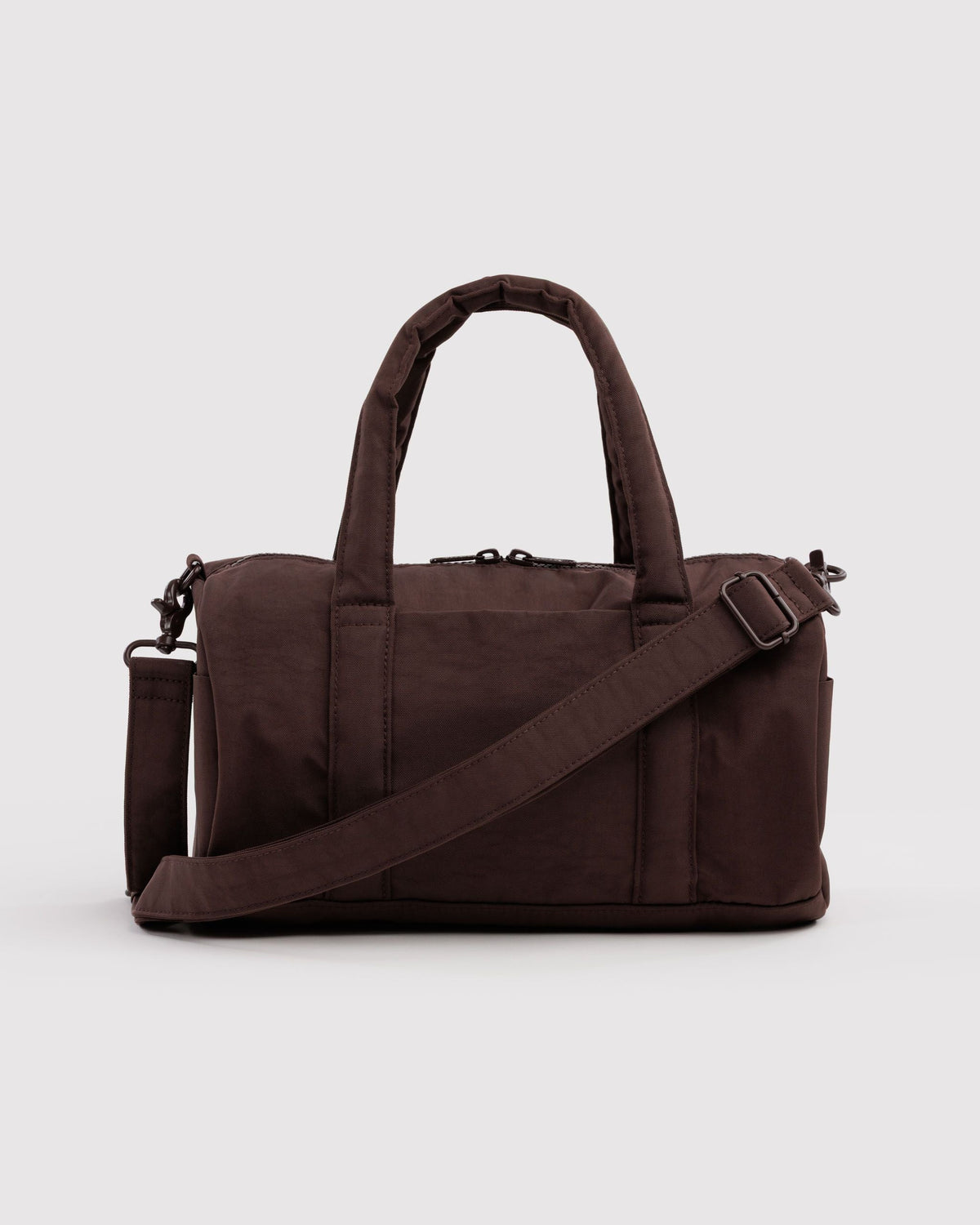 BAGGU Nylon Duffle Bag in Coffee, front view on a light background | Coffee