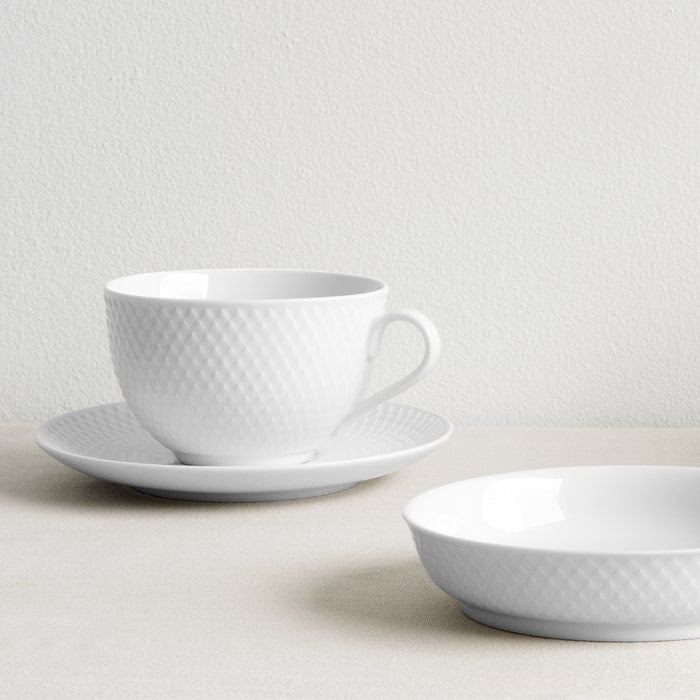 Lyngby Porcelæn Rhombe Tea Cup With Matching Saucer, White, 8.1 Oz