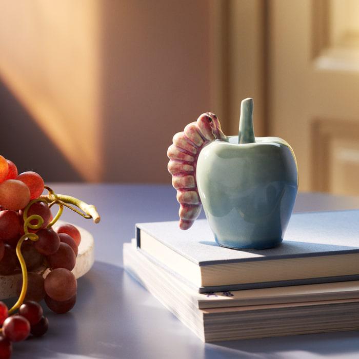 Kähler Poppery Apple with Caterpillar, Mint/Pink, H: 3.9"