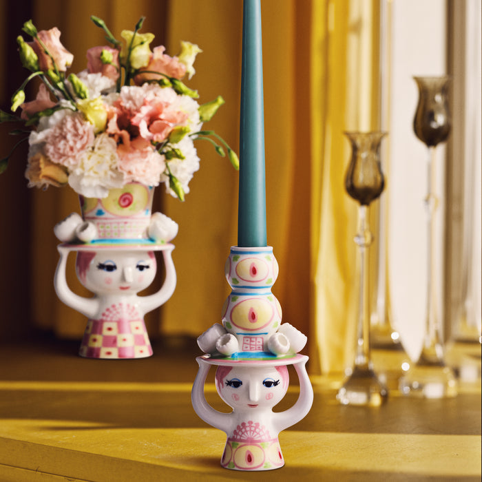 Bjørn Wiinblad Lady with Hat Candle Holder, Pink/Yellow, H: 6.3"