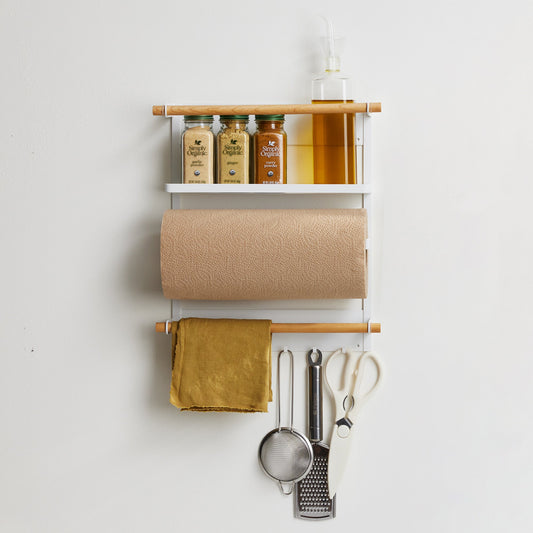 Yamazaki Home Tosca Magnetic Kitchen Organizer - Steel + Wood, white rack holding spices, paper towels and utensils