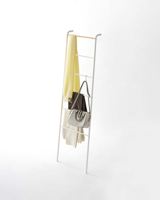 Yamazaki Home Tower Leaning Storage Ladder (63" H) - Steel, white ladder holding scarves and bags