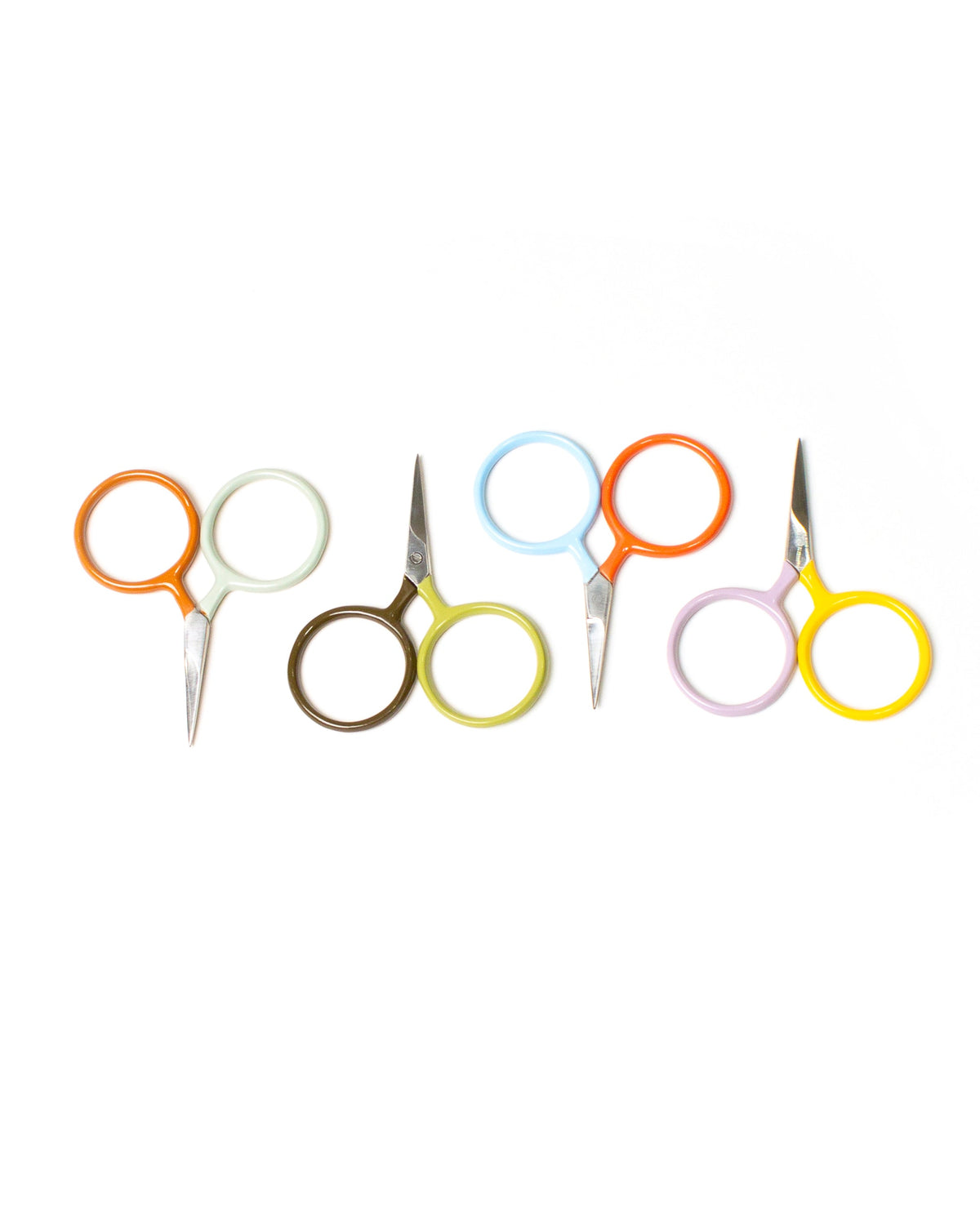 Four DEGEN Two Tone Circle Mini Scissors color combinations on white, including Koi + Mist and Moss + Sprig | Koi + Mist, Moss + Sprig