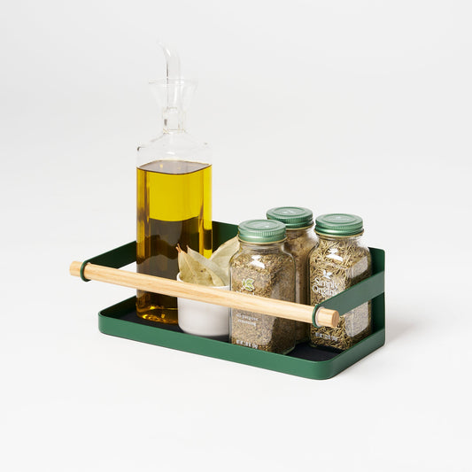 Yamazaki Home Tosca Magnetic Storage Caddy - Steel + Wood, Forest Green caddy holding oil and spice jars