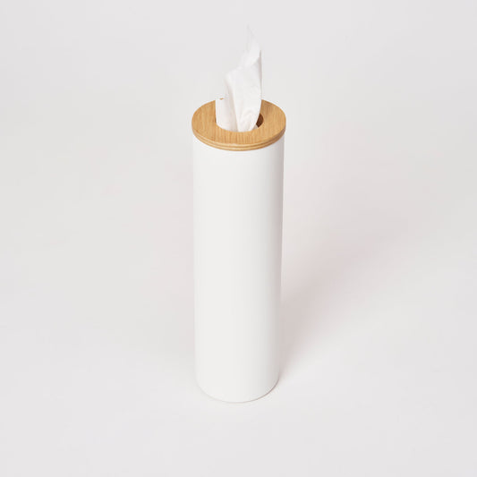 Yamazaki Home Rin Round Tissue Case - Steel and Wood, white cylindrical case with Ash lid and tissue
