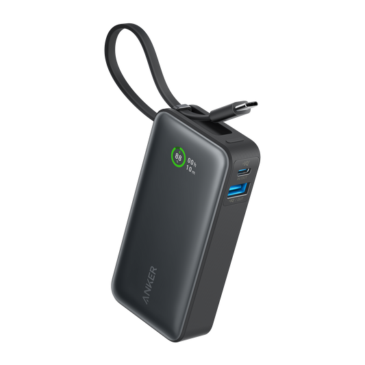 Black Anker Nano power bank with a looped built-in USB-C cable, front battery display and two side USB ports.