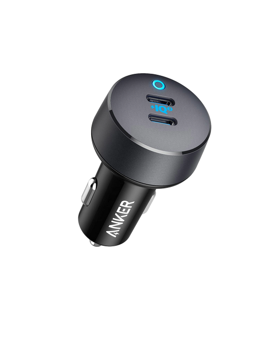 Black Anker PowerDrive III Duo car charger with two USB-C ports and a blue indicator ring.
