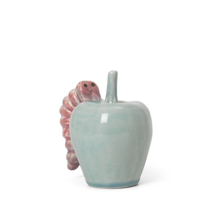 Kähler Poppery Apple with Caterpillar, Mint/Pink, H: 3.9"