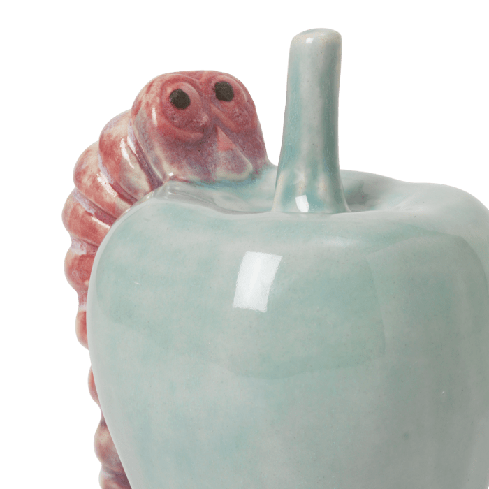 Kähler Poppery Apple with Caterpillar, Mint/Pink, H: 3.9"