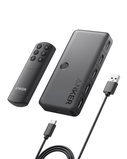 Anker four-input, one-output HDMI switch with included remote control and USB-A to USB-C power cable