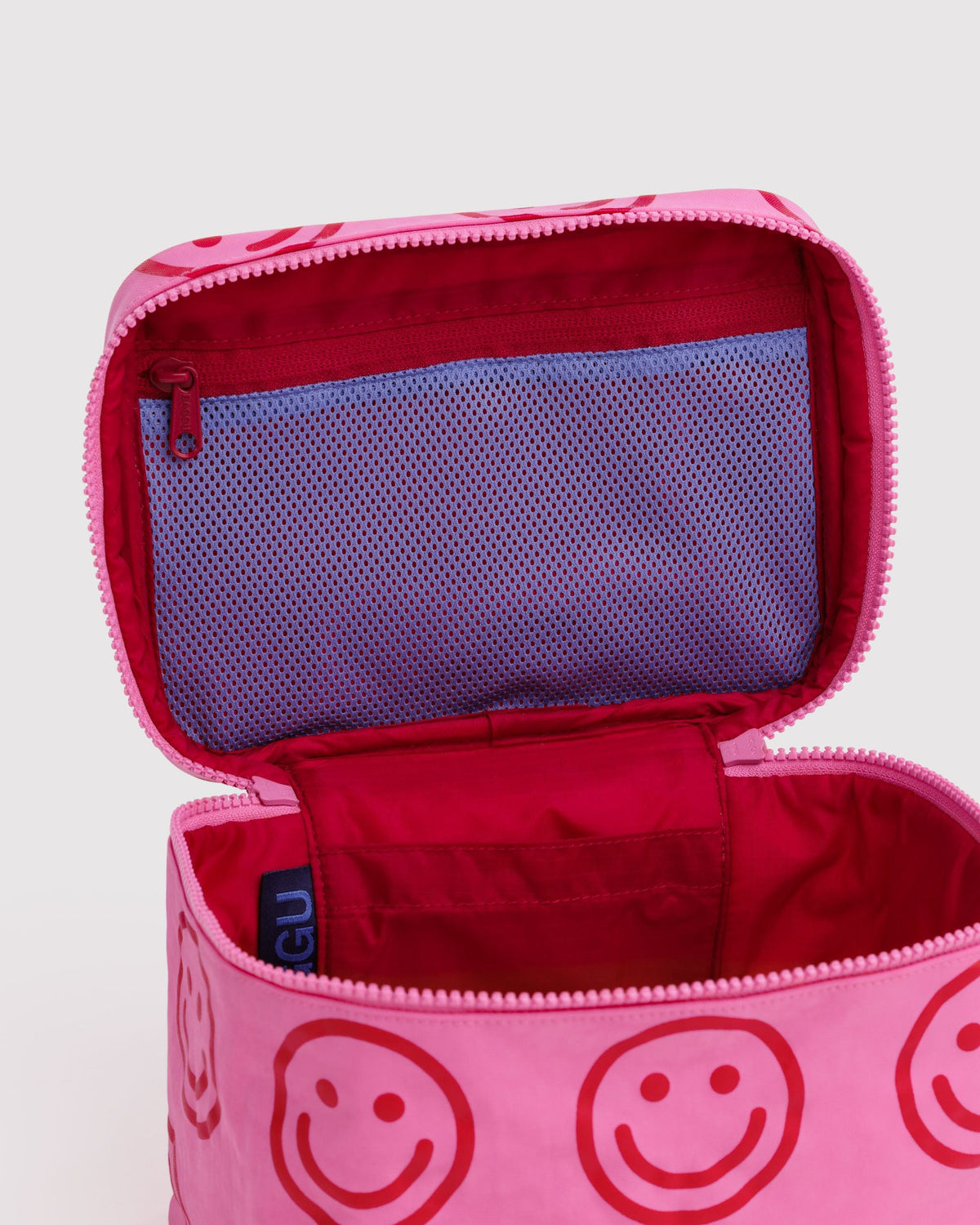 BAGGU Large Cosmetic Case in Azalea Pink Happy, interior mesh pocket detail | Azalea Pink Happy