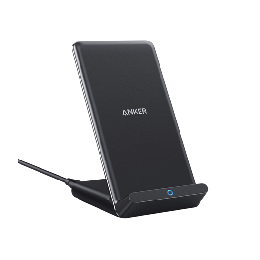 Black Anker 313 wireless charging stand with an angled phone support, front indicator and connected power cable.