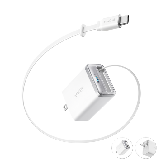 Shell White Anker Nano 35W wall charger with its built-in retractable USB-C cable extended, an additional USB-C port and folding-prong detail views.