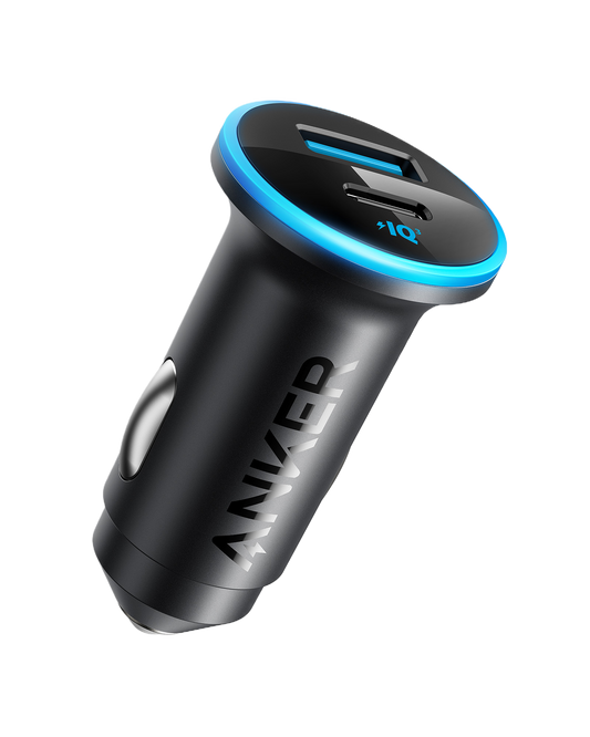 Anker 323 A2735 car charger in black, angled view showing USB-A and USB-C ports and a blue illuminated rim.