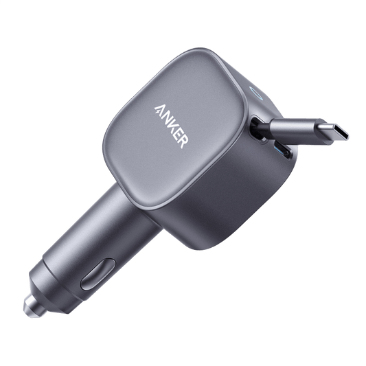 Anker Nano car charger with a square top, car power-socket plug and built-in retractable USB-C connector.