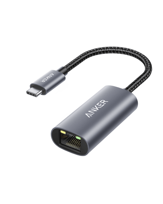 Gray Anker USB-C to Ethernet adapter with a short braided cable, USB-C plug and Ethernet socket.