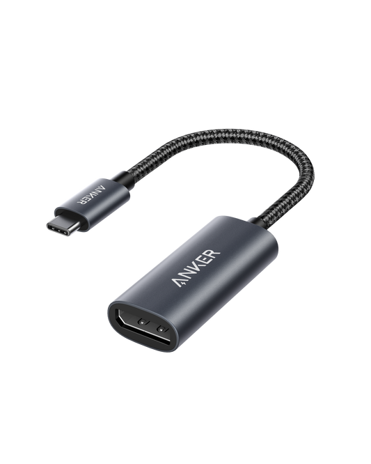 Anker USB-C to DisplayPort adapter with a dark housing, DisplayPort socket and short braided cable with a USB-C plug.