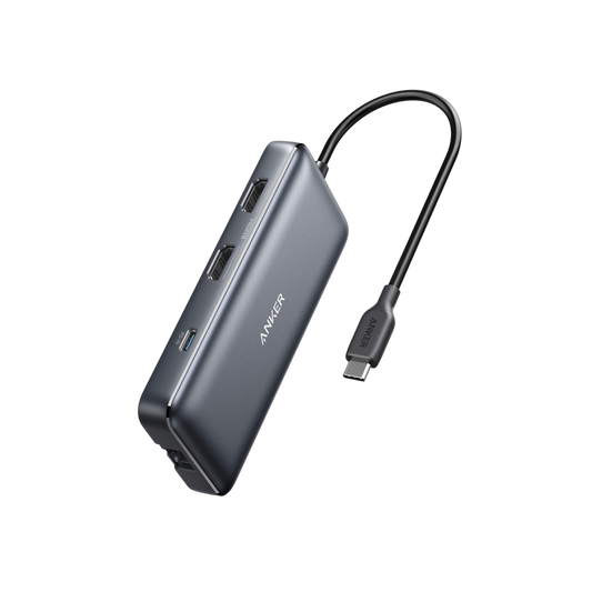 Anker 553 USB-C hub in gray, angled to show its side ports and attached USB-C cable.