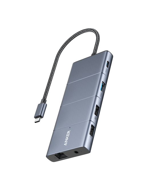 Anker 565 11-in-1 USB-C hub with attached braided host cable and visible side ports