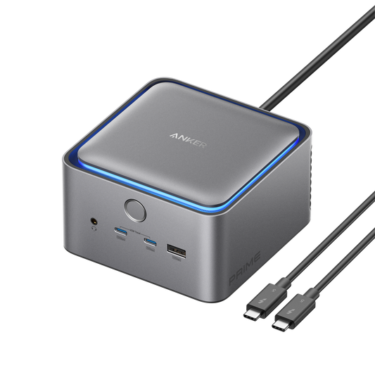 Anker Prime Thunderbolt 5 docking station with blue perimeter lighting and a cable shown with both USB-C ends visible