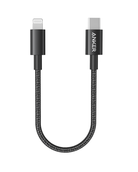 Anker 331 black braided cable bent into a U shape with USB-C and Lightning connector ends upright.