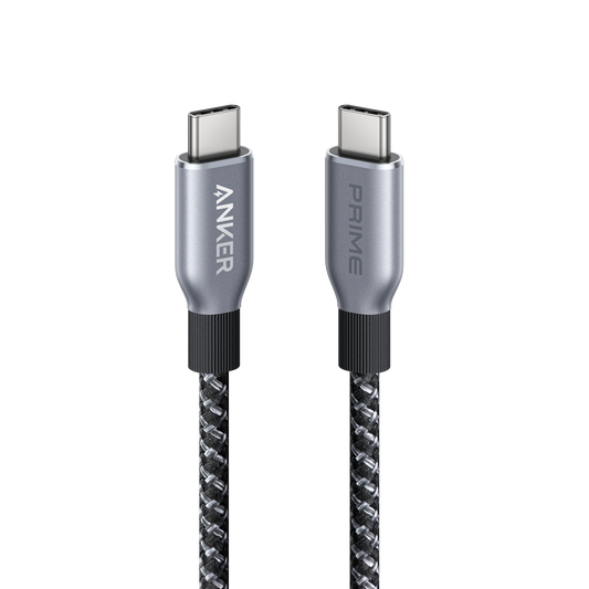 Anker Prime braided USB-C cable with two gray connector housings shown upright against a black background.
