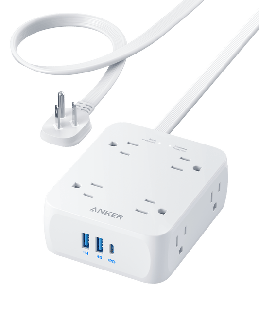 White Anker 341 power strip with top and side AC outlets, two USB-A ports, one USB-C port, attached cord and flat plug.