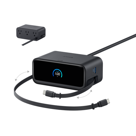 Black Anker Nano charging station with two extended USB-C cables, a front display and an inset rear view of its AC outlets.