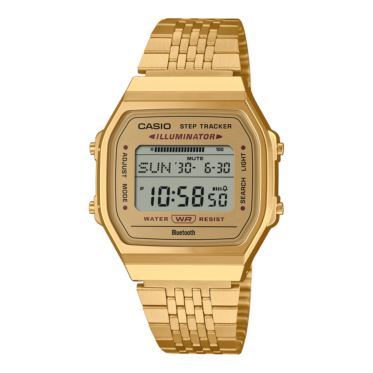 Casio ABL100WEG-9AVT watch. Gold-tone rectangular case and bracelet with positive digital display.