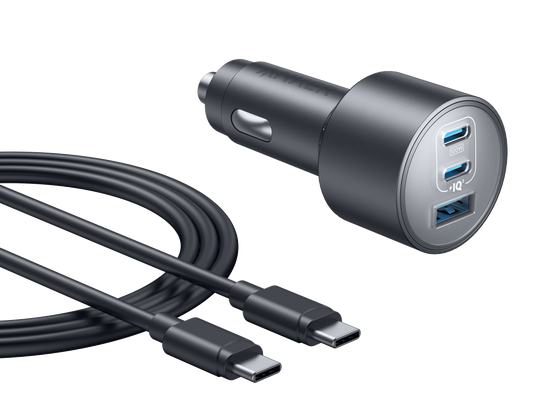 Anker Nano three-port car charger beside its included USB-C to USB-C cable, showing two USB-C ports and one USB-A port.