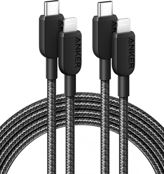 Two Anker 310 braided USB-C to Lightning cables with both connector types visible