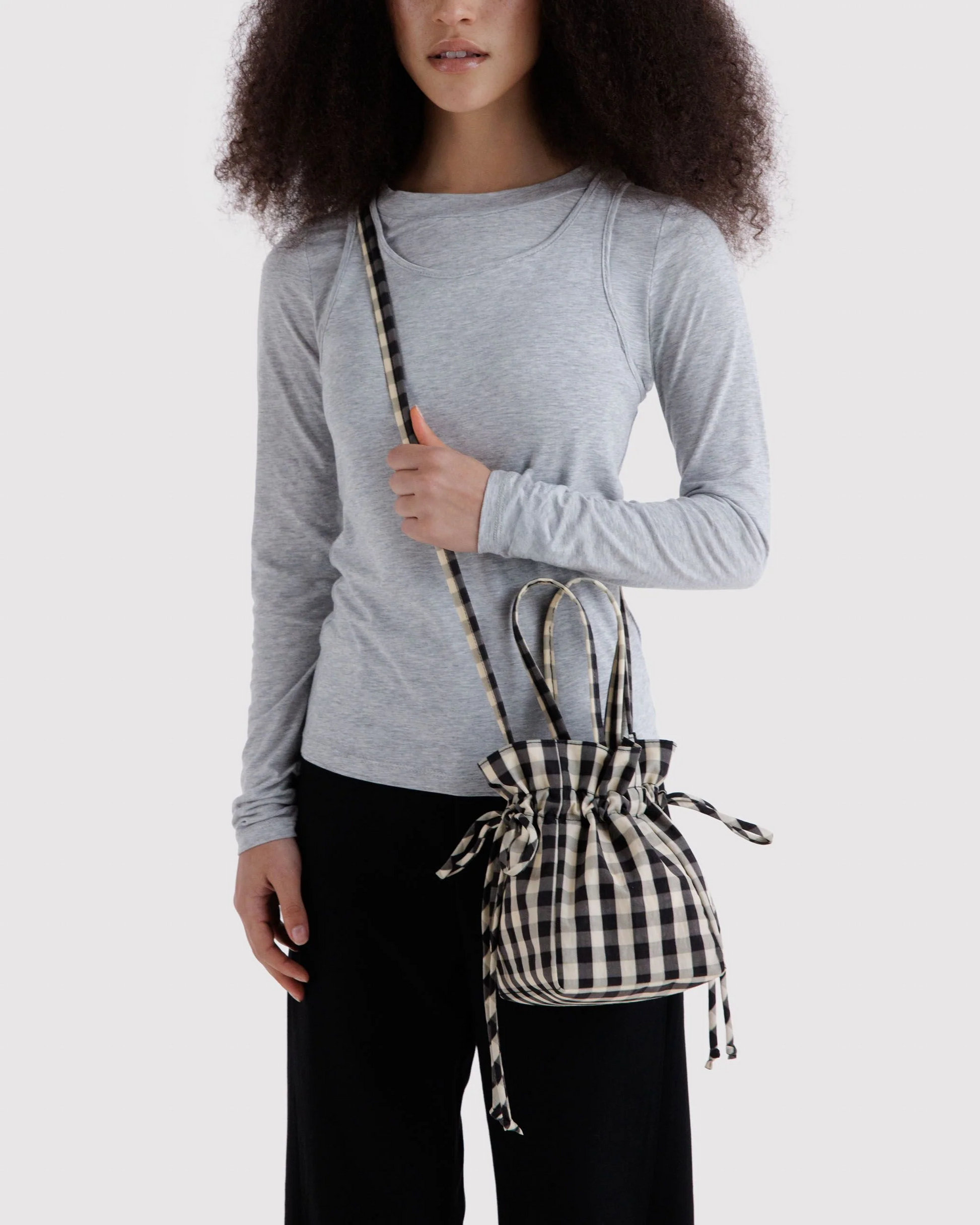 Baggu Nylon Drawstring Bag | Black and Cream Gingham 
