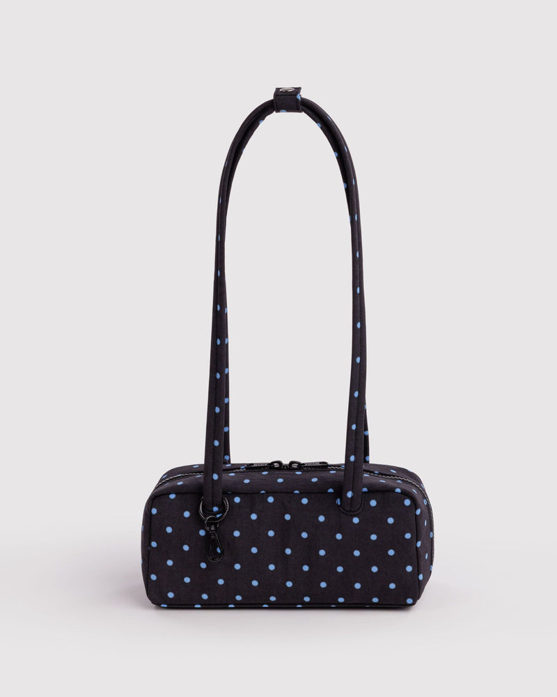 Baggu Small Nylon Bowler Bag, front view with shoulder straps | Black and Sky Blue Micro Dot