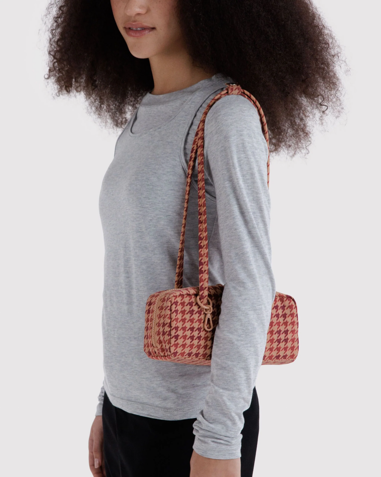 Baggu Small Nylon Bowler Bag | Tan Houndstooth 