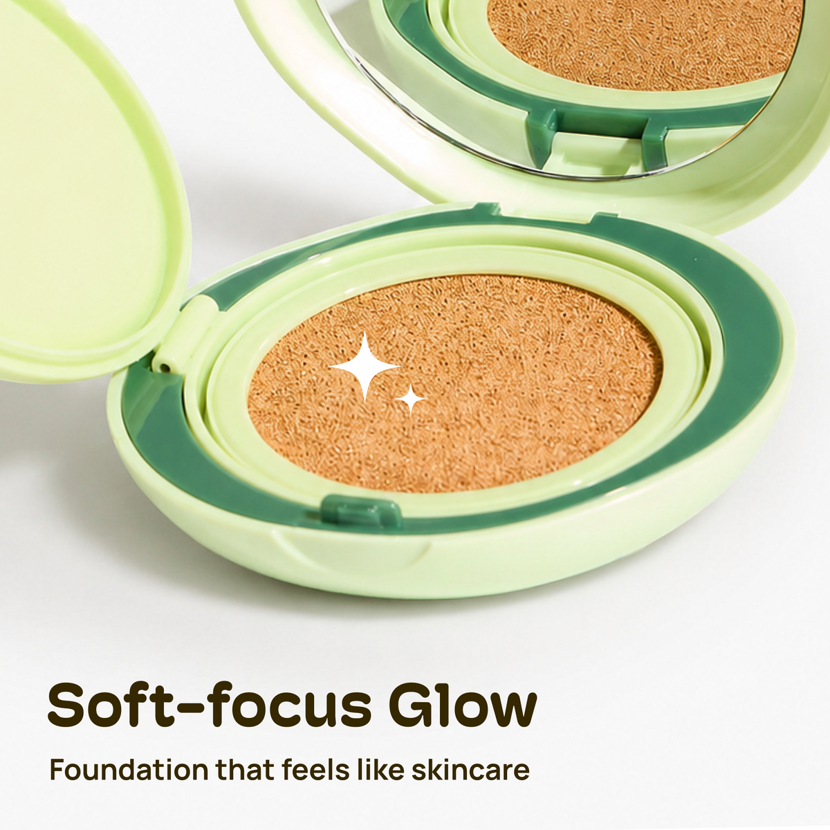 An open cushion foundation compact with a light green and dark green case, showing the pressed foundation pan. The image includes text at the bottom reading 'Soft-focus Glow Foundation that feels like skincare'. Cloud Cover Soothing Cushion | Golden Medium