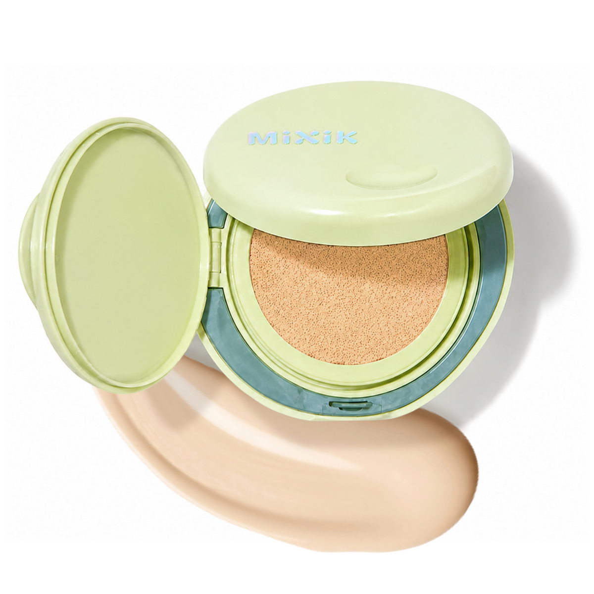 An open round cushion foundation compact by MIXIK, shown with the lid open and a smear of the beige foundation formula beneath it on a white background. Cloud Cover Soothing Cushion | Light