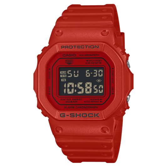 Casio DW5600RRB-4 watch. Vivid red square case and band, inverted digital LCD.