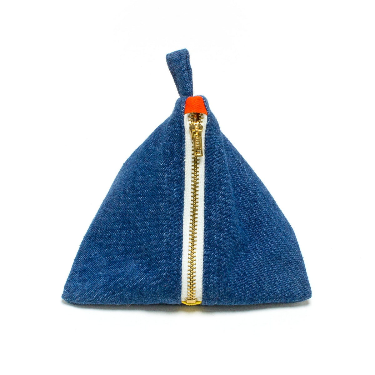DEGEN Front view of the blue denim pyramid pouch with a centered metal zipper and top loop