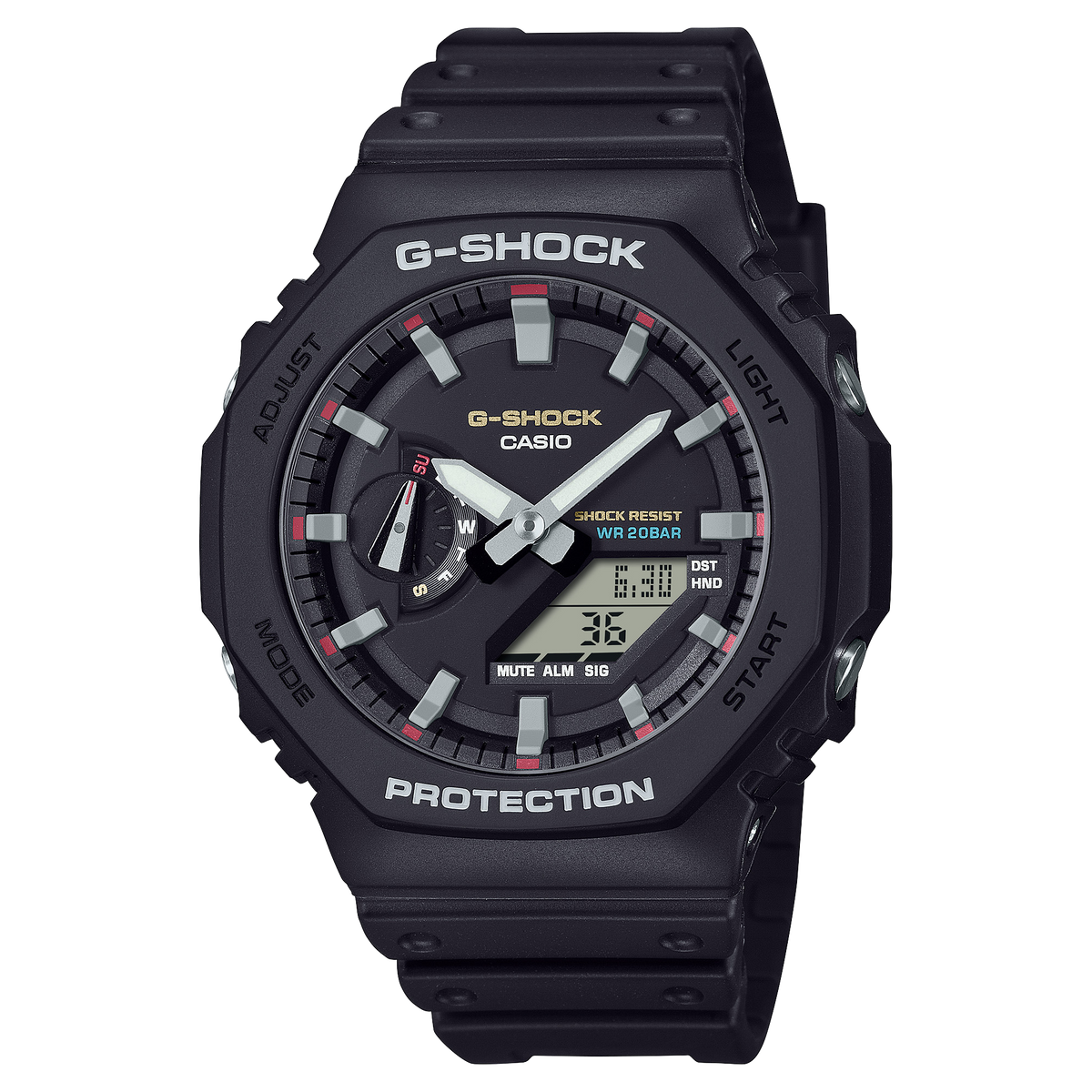 Casio GA2100RL-1A watch. Black octagonal case and band, analog-digital face with red, yellow and blue accents.