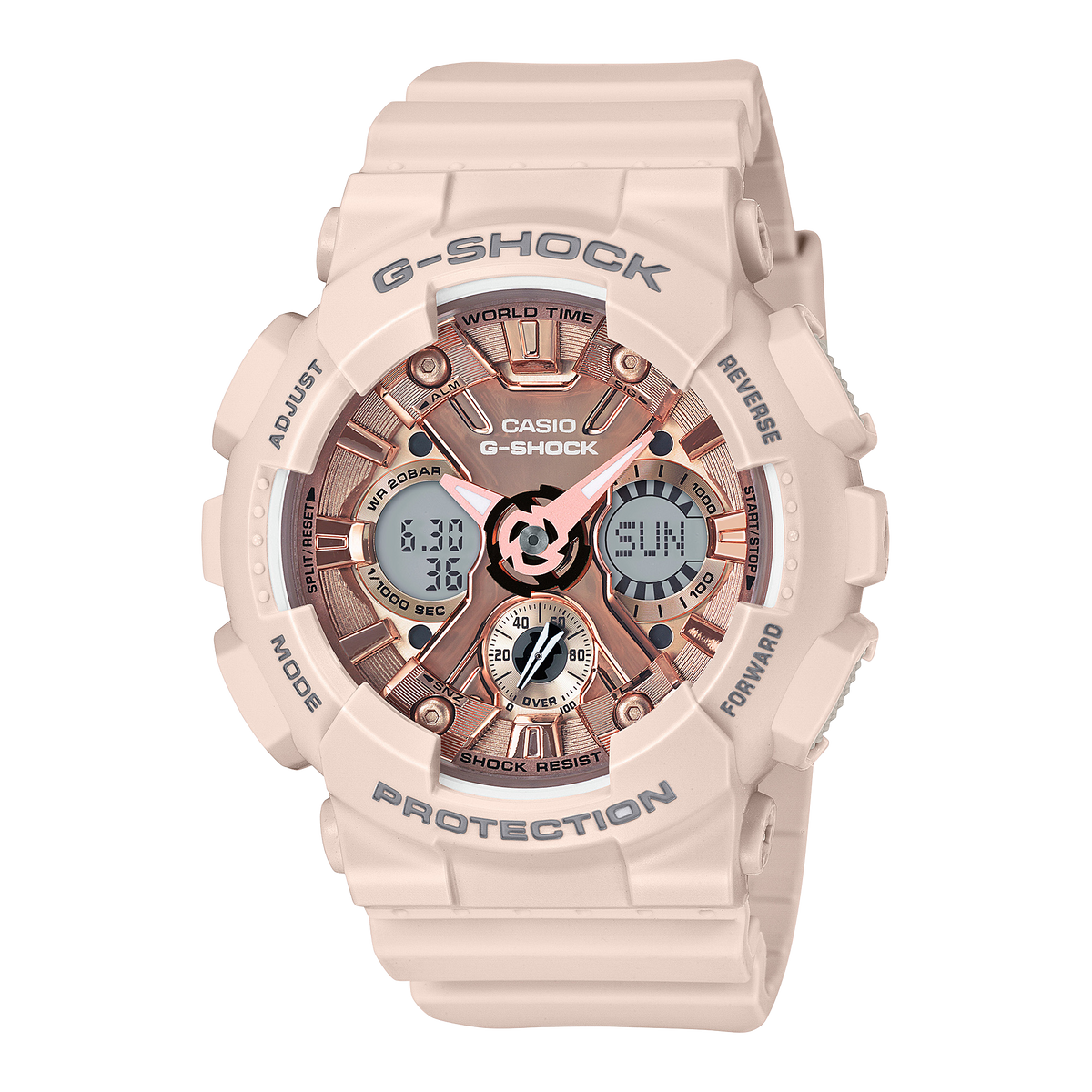 Casio GMAS120MF-4A watch. Pale-pink case and band, metallic rose-gold-tone analog-digital dial.