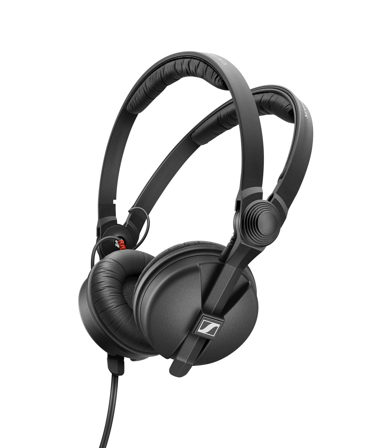 Sennheiser HD 25 black on-ear headphones with split headband, angled view