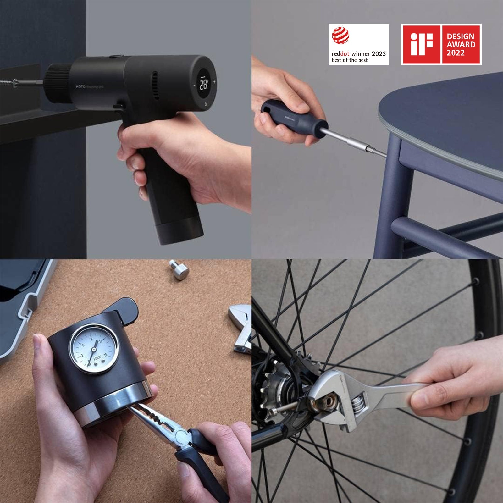 Collage of a hand holding a tool, screwdriver, wrench, and clock with design awards displayed.