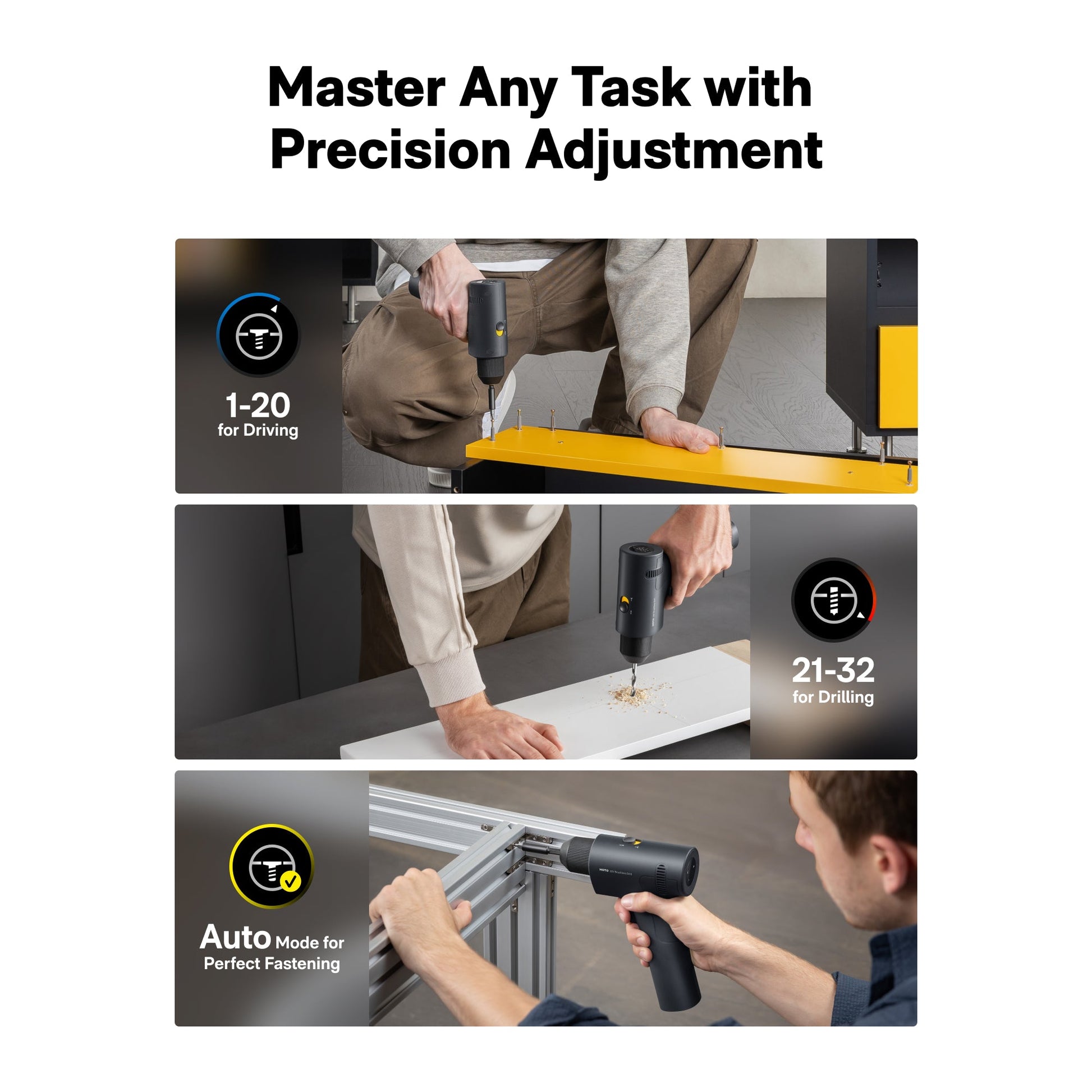 Person using a drill with precision adjustment settings on a white background